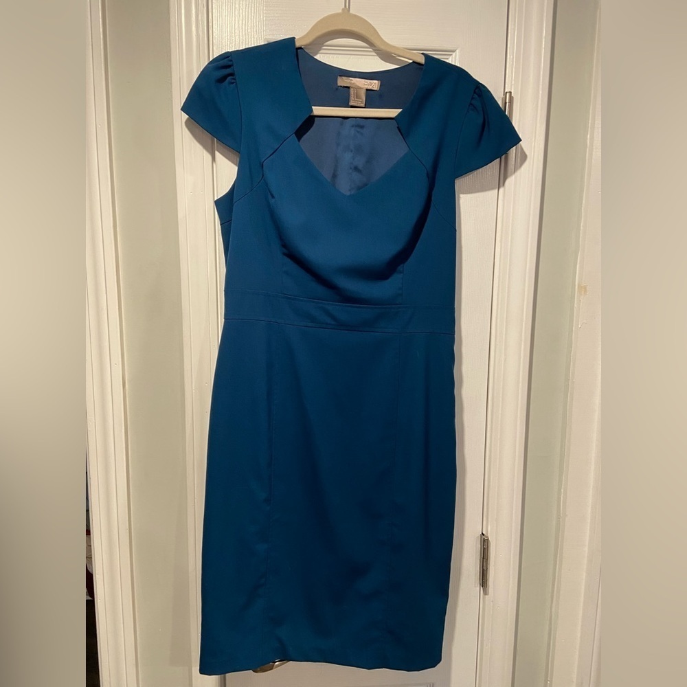 Love 21 Size L Teal Blue Cap Sleeve V Neck Fitted Lined Sheath Dress Belt Loops